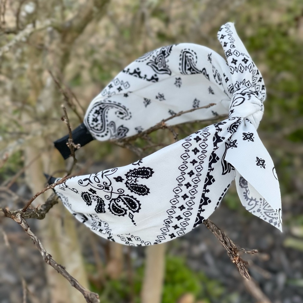 New White Paisley bandana print fabric top bow knot flexible comfy headband